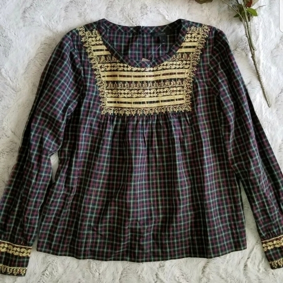 J Crew Gold Shimmer Embroidered Peasant Plaid Blouse 100% Cotton NWT Size XS - Picture 1 of 8